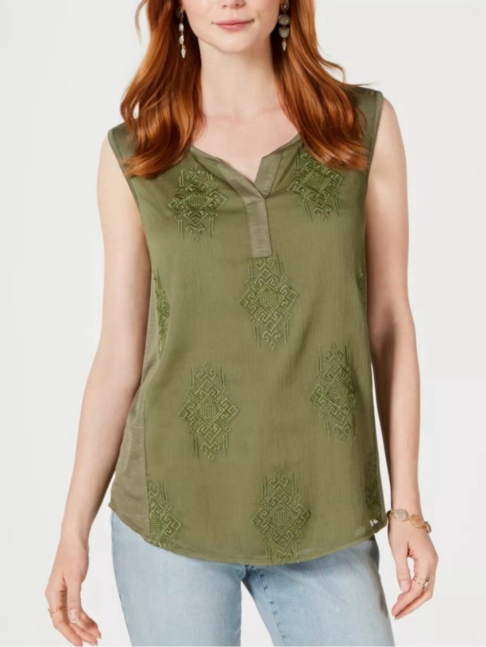 Style & Co Olive Green Embroidered Tank Top Boho Earthy Tribal Cottagecore 1X